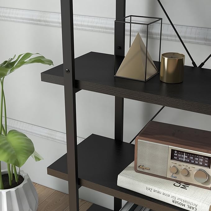 Panana 5 Tier Industrial Rustic Wooden Bookshelves, Vintage Open Wood and Metal Farmhouse Bookshelf Heavy Duty Storage Shelving Unit Rack (Black) - LeafyLoom