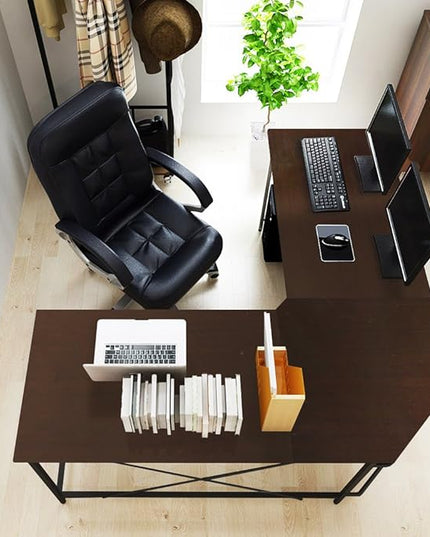 DlandHome L-Shaped Computer Desk 59 inches x 59 inches, Composite Wood and Metal, Home Office PC Laptop Study Workstation Corner Table with CPU Stand, Brown Black and Black Legs, ZJ02-BB - LeafyLoom