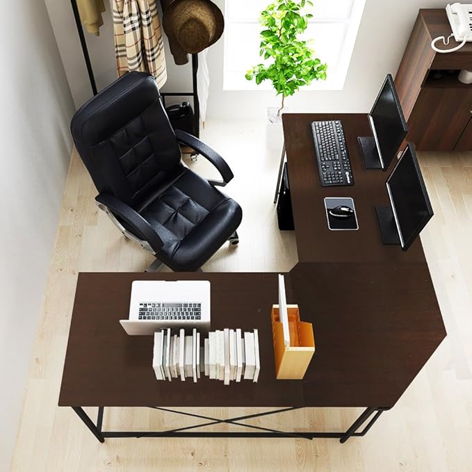 DlandHome L-Shaped Computer Desk 59 inches x 59 inches, Composite Wood and Metal, Home Office PC Laptop Study Workstation Corner Table with CPU Stand, Brown Black and Black Legs, ZJ02-BB - LeafyLoom