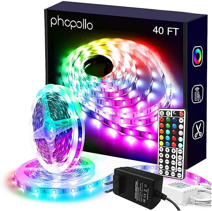 phopollo Led Lights 40ft for Bedroom RGB Color Changing Led Lights Kit with Power Supply and Remote Phopollo