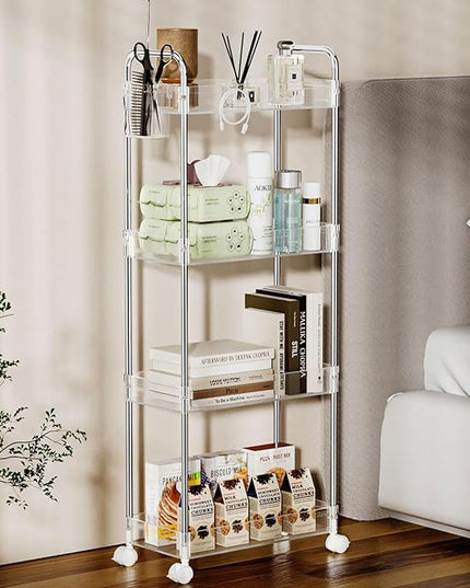 SPACEKEEPER Acrylic Rolling Storage Cart 4 Tier Clear Bathroom Cart Organizer, Transparency Rolling Utility Cart Laundry Room Organization Multifunction Mobile Shelving Unit for Office, Living Room - LeafyLoom