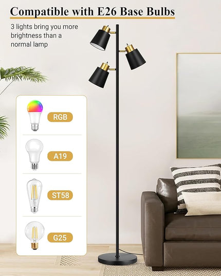 QiMH Tree Floor Lamps for Living Room, 67" Modern Standing Floor Lamp with 3 LED Bulb, Industrial Tall Lamp Reading Lighting for Bedroom Study Office Decor, 3 Rotatable Light Heads, Black Gold - LeafyLoom