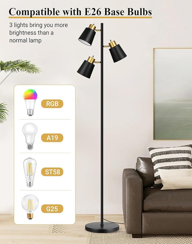 QiMH Tree Floor Lamps for Living Room, 67" Modern Standing Floor Lamp with 3 LED Bulb, Industrial Tall Lamp Reading Lighting for Bedroom Study Office Decor, 3 Rotatable Light Heads, Black Gold - LeafyLoom