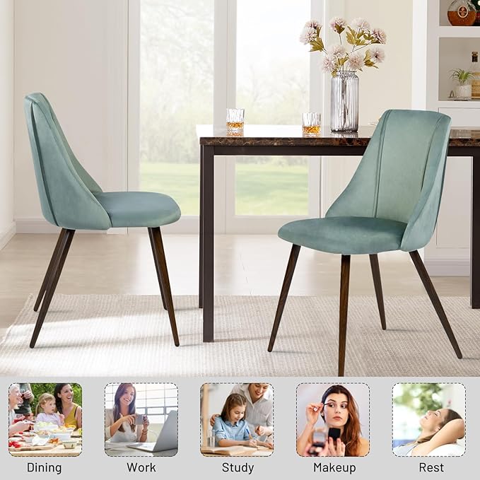 FurnitureR Dining Chairs Set of 2, Velvet Upholstered Accent Chair Living Room Chair with Soft Seat/Metal Legs Mid-Back Side Chairs for Home Kitchen Restaurant, Cactus - LeafyLoom