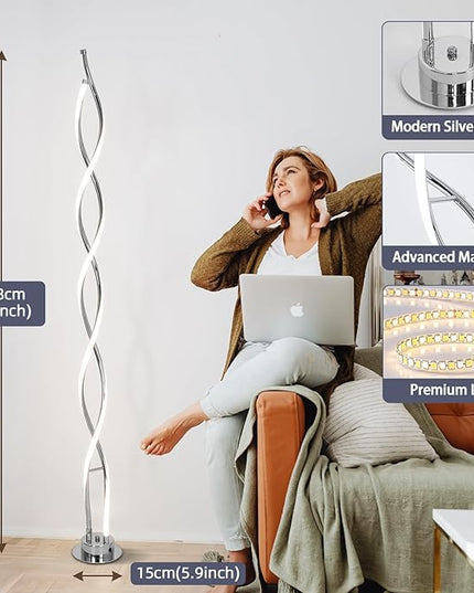 ADISUN 31W Modern Floor Lamp, LED Spiral Floor Lamp for Living Room, 3-Color Dimmable Standing Floor Lamp with Remote Control, 58" Tall Floor Lamp for Living Room Bedroom Office Dining Room (Silver) - LeafyLoom