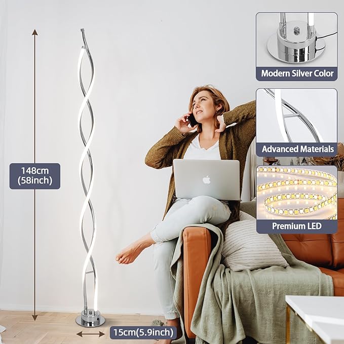 ADISUN 31W Modern Floor Lamp, LED Spiral Floor Lamp for Living Room, 3-Color Dimmable Standing Floor Lamp with Remote Control, 58" Tall Floor Lamp for Living Room Bedroom Office Dining Room (Silver) - LeafyLoom
