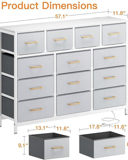 ODK Dresser with Charging Station, 57-Inch Long Dresser TV Stand for Bedroom, Large Dresser with 13 Storage Drawers, Chest of Drawers Easy-Pull Fabric Dressers for Living Room, Grey - LeafyLoom