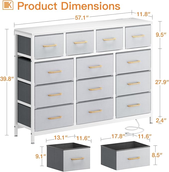 ODK Dresser with Charging Station, 57-Inch Long Dresser TV Stand for Bedroom, Large Dresser with 13 Storage Drawers, Chest of Drawers Easy-Pull Fabric Dressers for Living Room, Grey - LeafyLoom