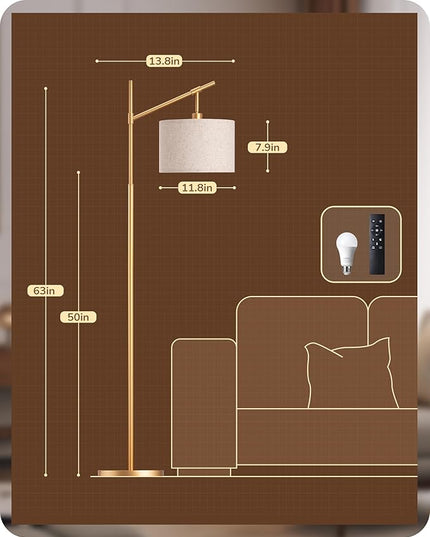 EDISHINE Modern Dimmable Floor Lamp, 63.8" Standing Lamp with Remote Control, E26 Socket, Acr Floor Lamp with Beige Shade for Bedroom, Living Room, Office, LED Bulb Included (Gold) - LeafyLoom