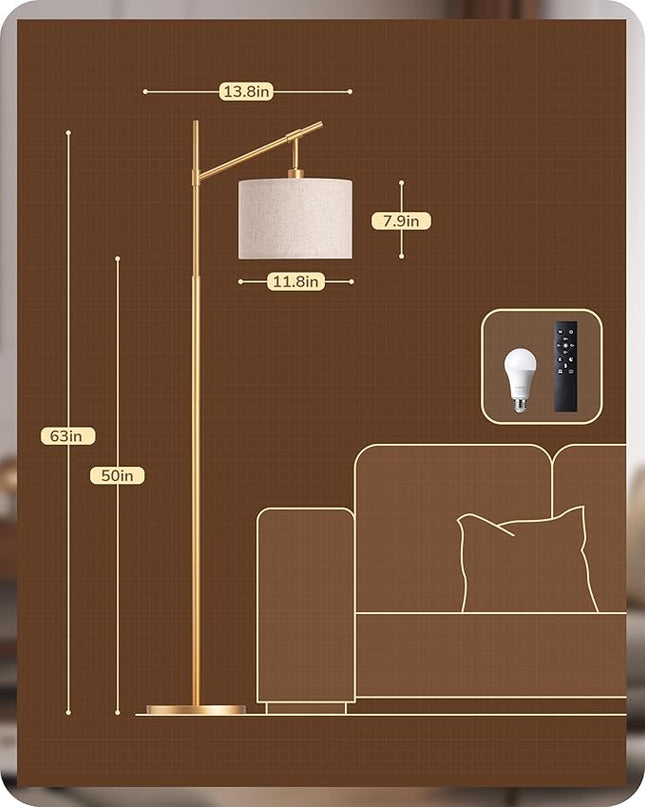 EDISHINE Modern Dimmable Floor Lamp, 63.8" Standing Lamp with Remote Control, E26 Socket, Acr Floor Lamp with Beige Shade for Bedroom, Living Room, Office, LED Bulb Included (Gold) - LeafyLoom
