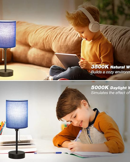 Blue Table Lamps 3 Color Temperatures - 2700K 3500K 5000K Bedside Lamps with USB C and A Ports, Pull Chain Lamps for Bedrooms with AC Outlet, Nightstand Lamps with Black Metal Base for Kids Boys - LeafyLoom