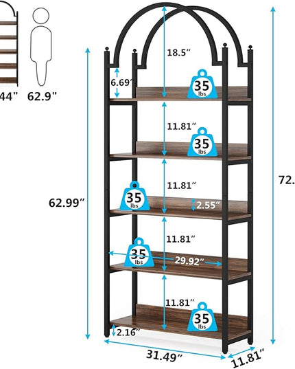 Tribesigns 5-shelf Arched Bookcase Set of 2, Rustic Wood Shelf with Black Metal Frame, Industrial Metal Etagere Open Bookshelf (2, Brown+Black) - LeafyLoom