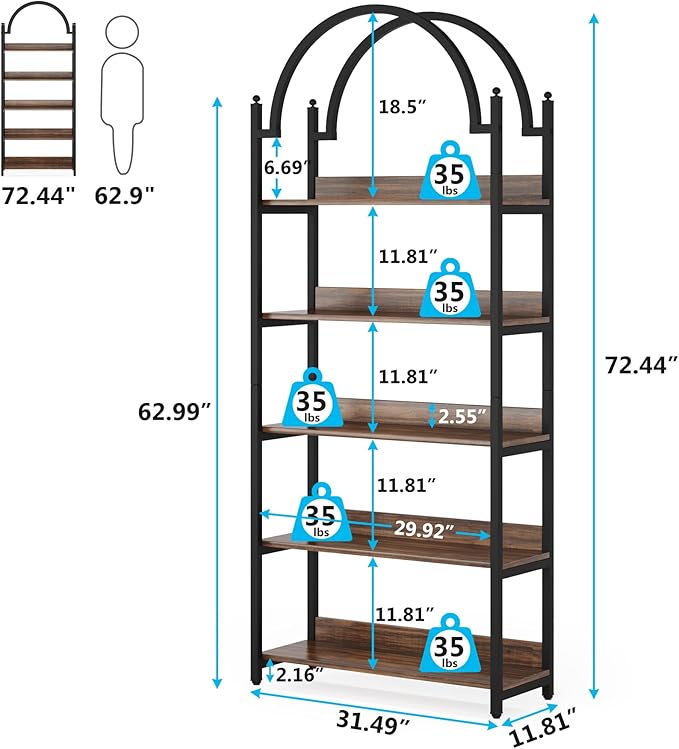 Tribesigns 5-shelf Arched Bookcase Set of 2, Rustic Wood Shelf with Black Metal Frame, Industrial Metal Etagere Open Bookshelf (2, Brown+Black) - LeafyLoom