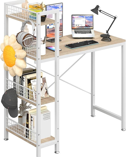4NM 35" Small Computer Desk with 4-Tier Bookshelf and 8 Hooks, Home Office Desk Writing Workstation Study Table for Small Space Work - Natural and White - LeafyLoom