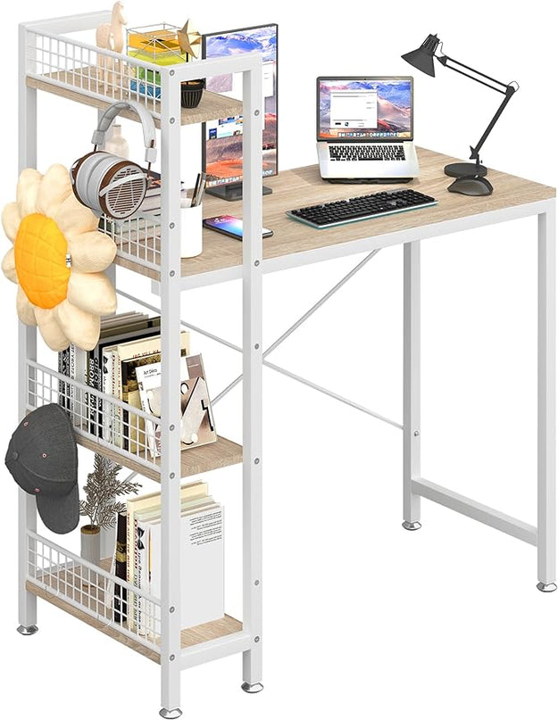 4NM 35" Small Computer Desk with 4-Tier Bookshelf and 8 Hooks, Home Office Desk Writing Workstation Study Table for Small Space Work - Natural and White - LeafyLoom