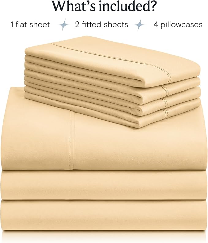 LuxClub 7 PC Split King Sheet Set, Breathable Luxury Bed Sheets, Deep Pockets 18" Eco Friendly Wrinkle Free Cooling Sheets Machine Washable Hotel Bedding Silky Soft - Yellow Split King - LeafyLoom