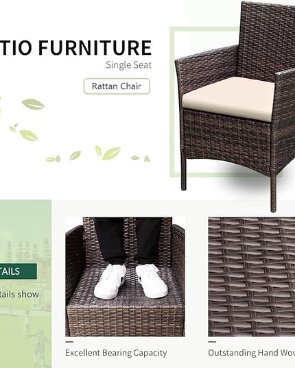 Greesum 3 Pieces Patio Furniture Sets Outdoor PE Rattan Wicker Chairs with Soft Cushion and Glass Coffee Table for Garden Backyard Porch Poolside, Brown and Beige - LeafyLoom