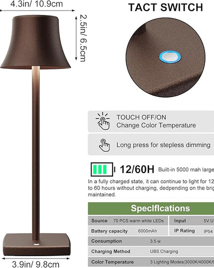 Cordless Table Lamp, Rechargeable Battery 5000mAh Metal Aluminum Housing USB LED Portable Powered Desk Lamp, 3 Levels Brightness Night Light for Restaurants Bedroom Outdoor (ferruginous) - LeafyLoom