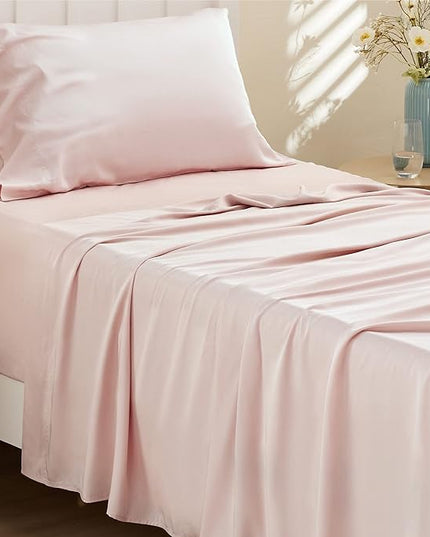 Bedsure Twin Sheets Set, Cooling Sheets Twin Size Bed Set, Rayon Derived from Bamboo, Twin Size Sheets, Breathable & Soft Bed Sheets, Hotel Luxury Silky Bedding Sheets & Pillowcases, Pink - LeafyLoom