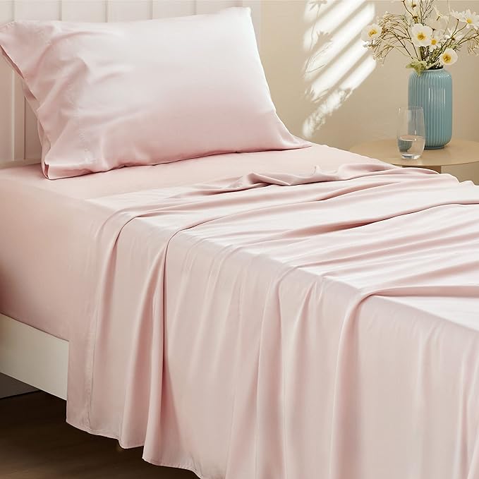 Bedsure Twin XL Sheet Set Dorm Bedding, Cooling Sheets Twin Extra Long Sheets, Rayon Derived from Bamboo, Deep Pocket Up to 16", Hotel Luxury Silky Bedding Sheets & Pillowcases, Pink - LeafyLoom