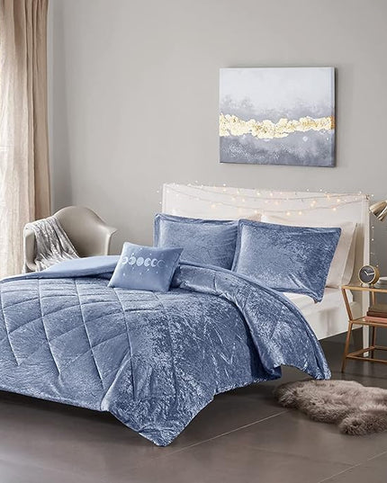 Intelligent Design King Duvet Cover Set, Velvet King Duvet Set, Luxury Diamond Quilting Blue Duvet Cover, Fluffy Duvet Cover with Decorative Pillow and 2 Shams, 4 Pieces, Blue, King/Cal King - LeafyLoom