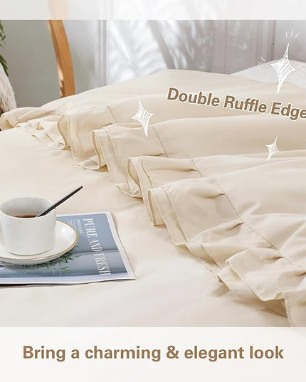 Beige Double Ruffle Comforter Set Twin Size (66x90 Inch), 2 Pcs Farmhouse Vintage Cream Comforter Set (1 Ruffled Comforter and 1 Pillowcase), Rustic All Season Down Alternative Bedding Set - LeafyLoom