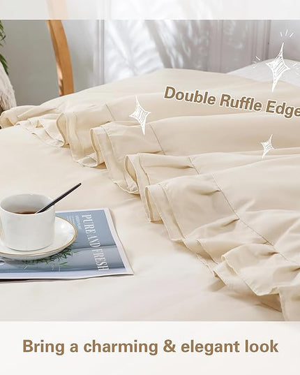 Beige Double Ruffle Comforter Set Full Size (79x90 Inch), 3 Pcs Farmhouse Vintage Cream Comforter Set (1 Ruffled Comforter and 2 Pillowcase), Rustic All Season Down Alternative Bedding Set - LeafyLoom
