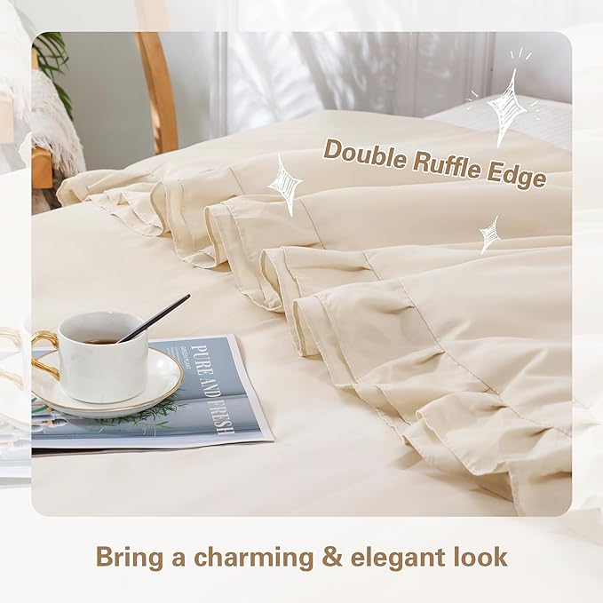Beige Double Ruffle Comforter Set Full Size (79x90 Inch), 3 Pcs Farmhouse Vintage Cream Comforter Set (1 Ruffled Comforter and 2 Pillowcase), Rustic All Season Down Alternative Bedding Set - LeafyLoom