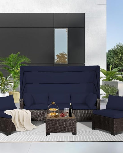 6 PCS Outdoor Patio Furniture Set,Sectional Sofa Set,Rattan Daybed with Retractable Canopy,Adjustable Backrest,Storage Coffee Table,Chaise Chair Sunbed for Garden Poolside Backyard(Navy Blue) - LeafyLoom