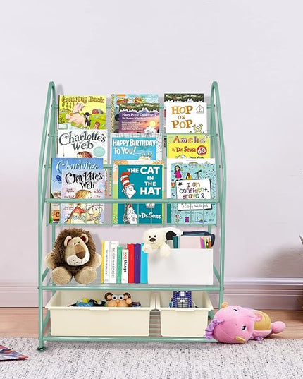 aboxoo Metal Kids Bookshelf Green Bookcase Freestanding for Children Room 24 in Toy Organizer Green Stable Bookcase Bookstore Library Book Unit Storage - LeafyLoom