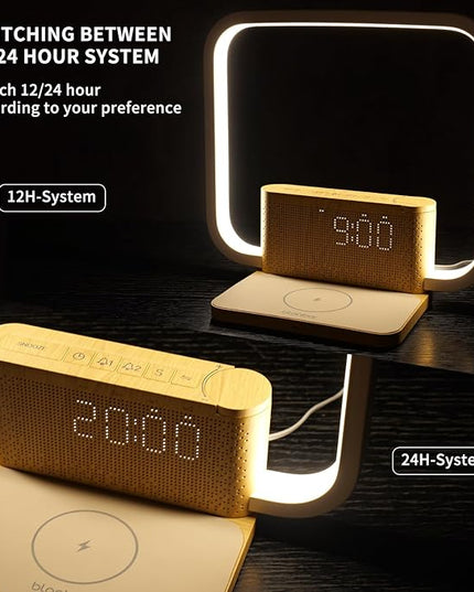 Touch Lamp with Alarm Clock Wireless Charging 3 Level Dimmable Bedside Lamps for Bedroom Living Room,Sunrise Clock LED Wake-up Light with Natural White Noise Sound Desk Lamp for Reading Office. - LeafyLoom