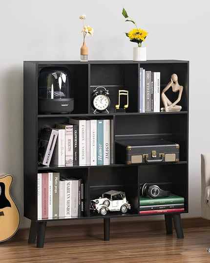 YAHARBO 8 Cube Bookshelf,3 Tier Bookcase with Legs,Black Mid-Century Modern Bookshelves,Large Free Standing Open Storage Organizer Shelf,Tall Wooden Book Case Furniture for Bedroom,Living Room,Office - LeafyLoom