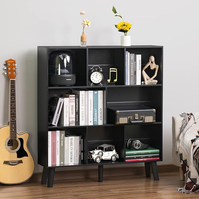 YAHARBO 8 Cube Bookshelf,3 Tier Bookcase with Legs,Black Mid-Century Modern Bookshelves,Large Free Standing Open Storage Organizer Shelf,Tall Wooden Book Case Furniture for Bedroom,Living Room,Office - LeafyLoom
