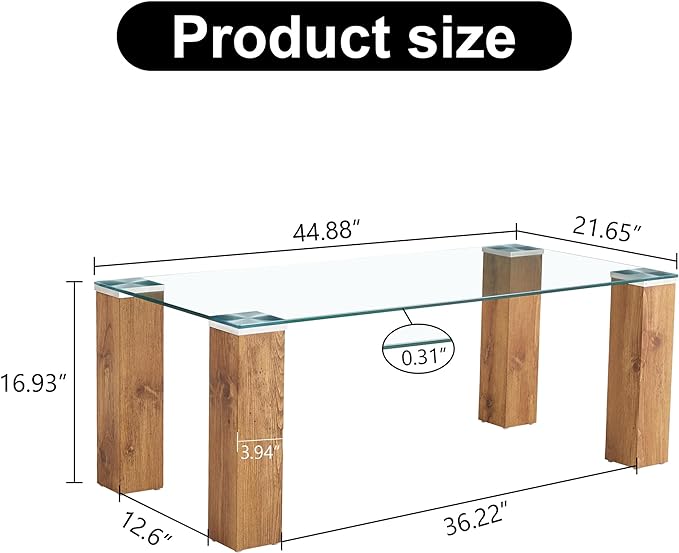 44" Modern Wood and Glass Top Coffee Table Rectangle Tea Table with Wood Leg for Living Room - LeafyLoom