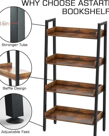 ASTARTH 4 Tier Bookshelves Ladder Bookshelf w/Open Shelf for Storage, Ladder Shelf & Bookcases for Bedroom, Living Room, Kitchen, Small Space-56.7'' H, Easy Assembly, Rustic Brown - LeafyLoom