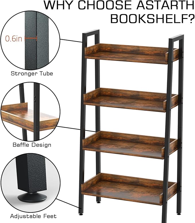 ASTARTH 4 Tier Bookshelves Ladder Bookshelf w/Open Shelf for Storage, Ladder Shelf & Bookcases for Bedroom, Living Room, Kitchen, Small Space-56.7'' H, Easy Assembly, Rustic Brown - LeafyLoom