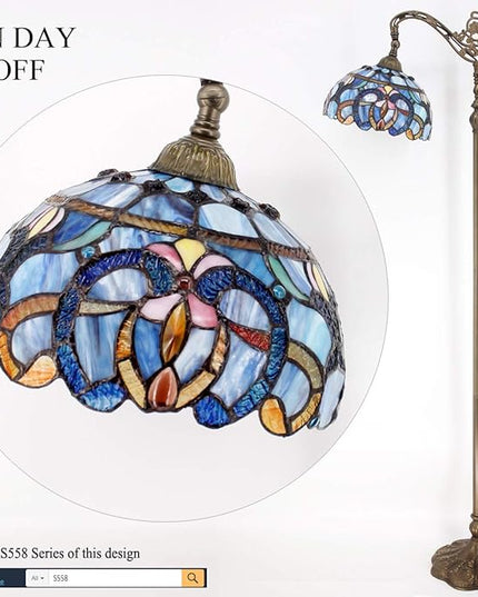 WERFACTORY Tiffany Floor Lamp Blue Purple Cloud Stained Glass Arched Lamp 12X18X64 Inches Gooseneck Adjustable Corner Standing Reading Light Decor Bedroom Living Room S558 Series - LeafyLoom