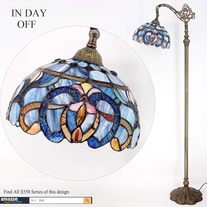 WERFACTORY Tiffany Floor Lamp Blue Purple Cloud Stained Glass Arched Lamp 12X18X64 Inches Gooseneck Adjustable Corner Standing Reading Light Decor Bedroom Living Room S558 Series - LeafyLoom