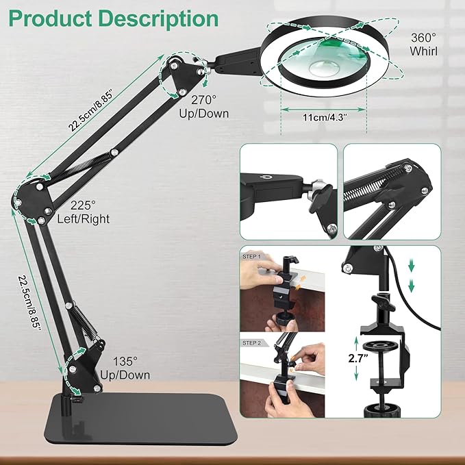 5X & 10X Magnifying Glass with Light and Stand, NAKOOS 2-in-1 Magnifying Lamp with Clamp, 3 Color Modes Touch Control Stepless Dimmable Magnifiers with Stand for Soldering DIY and Close Work - LeafyLoom