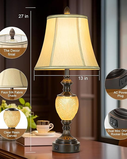 27'' High Vintage Table Lamp Set of 2 for Living Room Farmhouse Bedside Lamp with Fabric Shades Boho Nightstand Lamp with USB and Nightlight for Bedroom Home Office Hotel Bar (Led Bulb Included) - LeafyLoom