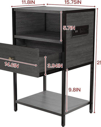 LDTTCUK Nightstand with Charging Station, Modern End Table with Drawer, Bedside Table with Open Storage for Bedroom, Grey - LeafyLoom