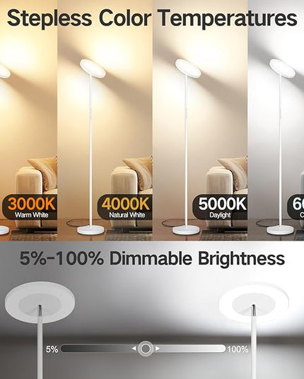 OUTON LED Torchiere Floor Lamp, Super Bright Dimmable Tall Standing Lamp with Remote Touch Control, 4 Color Temperatures, 1-Hour Timer for Living Room, Bedroom, Office (Matte White) - LeafyLoom
