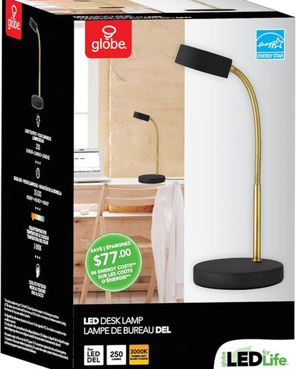 Globe Electric 30061 Desk Lamp, Gold Gooseneck, Matte Black Finish, 5W Energy Star Integrated LED, 250 Lumens 30061, 15.45", Black & Gold - LeafyLoom