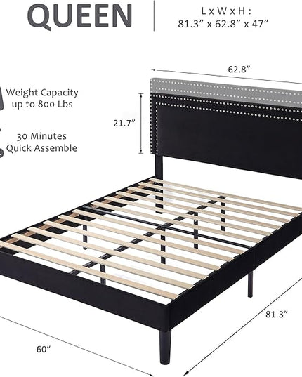 VECELO Queen Size Platform Bed Frame with Adjustable Upholstered Headboard, Modern Mattress Foundation,Strong Wood Slat Support, No Box Spring Needed, Easy Assembly - LeafyLoom