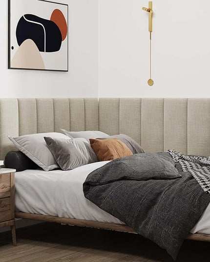 Upholstered Wall Mounted Headboard, 3D Soundproof Wall Panels Peel and Stick Headboard for Queen Size, Reusable and Removable Tufted Bed Headboard in Beige(9 Panels, 10" x 24") - LeafyLoom