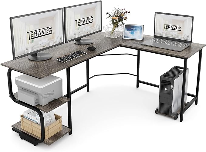 Teraves Reversible L Shaped Desk with Large Surface, 61 Inch Sturdy Corner Desk with Storage Shelves, Premium Office Computer Desk Workstation for Home Office Gaming - LeafyLoom