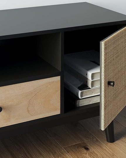 Nathan James Bonnie Modern TV Stand Entertainment Cabinet, Console with a Natural Wood Finish with Storage Doors for Living Media Room, with Drawer, Black Oak/Rattan - LeafyLoom