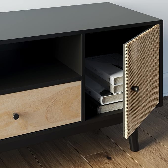 Nathan James Bonnie Modern TV Stand Entertainment Cabinet, Console with a Natural Wood Finish with Storage Doors for Living Media Room, with Drawer, Black Oak/Rattan - LeafyLoom