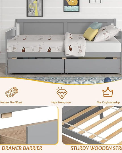 Twin Daybed with 2 Storage Drawers,Pinewood Twin Size Daybed Frame with Solid Guardrail,Dual-Use Sofa Daybed for Boys/Girls/Teens Bedroom, Easy to Assemble, No Box Spring Needed,Grey - LeafyLoom