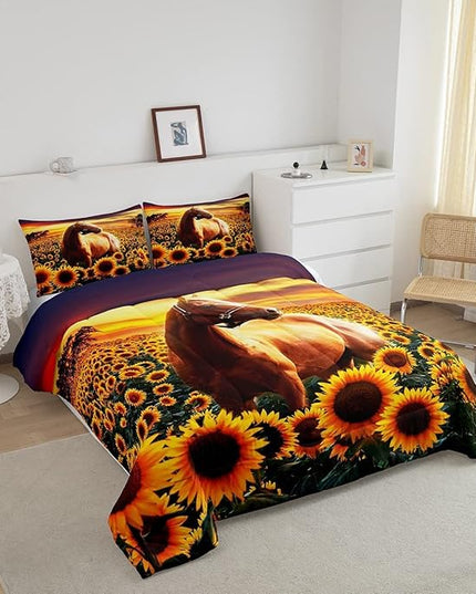 Erosebridal Brown Horse Comforter Set King Size for Kids Adult Teens Farmhouse Decor Sunflower Bedding with Sunset, Cowboys 3D Wild Animal Horse Print Quilt Rustic Style Cowgirls Down Comforter - LeafyLoom